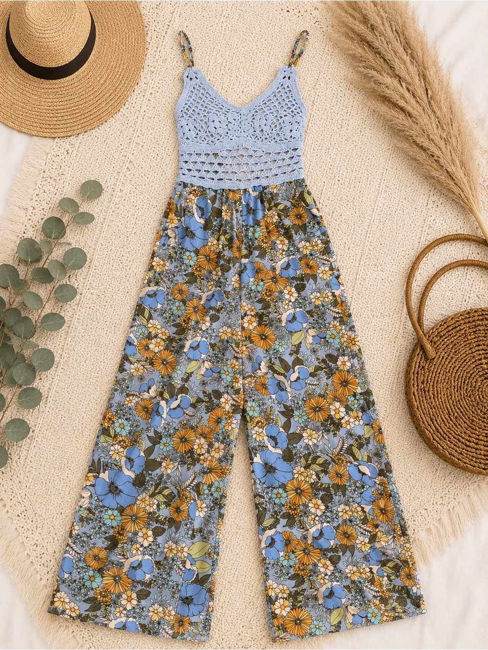 Crochet-Top Floral Wide-Leg Jumpsuit in Light Blue